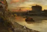 View of Rome with the Castel Sant'Angelo and a Fisher on the Banks of the Tiber by Oswald Achenbach, Oil on canvas, sold May 2018
