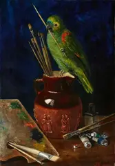 Arthur Wardle, Still Life with Painting Utensils and an Amazon Parrot, Oil on card
