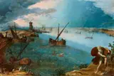 Louis de Caullery, Harbour Panorama with Fishermen and Neptune, Oil on panel (parquetted)