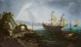 Cornelis Claesz van Wieringen, Coastal Landscape with a Warship at Anchor, Oil on panel