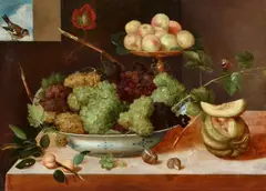 Peter Binoit, Still Life with Grapes in a Porcelain Dish, Peaches, Melons, and Snails, Oil on panel