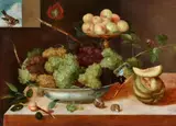 Peter Binoit, Still Life with Grapes in a Porcelain Dish, Peaches, Melons, and Snails, Oil on panel