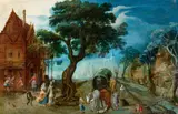 attributed to Christoffel van den Berghe, Village Landscape with Courtly Travellers, Oil on copper