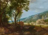 Adriaen van Stalbemt, Wooded Landscape with a Church and Castle, Oil on canvas (relined)