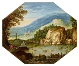Marten Ryckaert, Three Landscapes with Figures and Animals, Oil on panel (two with marks of the city of Antwerp). Each