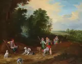 Hunting Party in a Wooded Landscape by Jan Brueghel the Younger, Oil on canvas (relined), sold May 2018