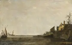 Simon de Vlieger, Ships at Anchor by a Dyke, Oil on panel (parquetted)