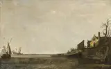 Simon de Vlieger, Ships at Anchor by a Dyke, Oil on panel (parquetted)