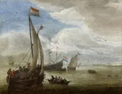 Abraham de Verwer, Sailing Ships in a Bay, Oil on canvas (relined)