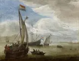Abraham de Verwer, Sailing Ships in a Bay, Oil on canvas (relined)