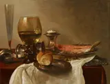 Cornelis Kruys, Still Life with Glasses, Bread, and Salmon, Oil on panel