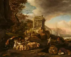 Jan Baptist Weenix, Southern Landscape with Sheep and Goats by a Chapel and a Harbour, Oil on canvas (relined)