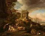 Jan Baptist Weenix, Southern Landscape with Sheep and Goats by a Chapel and a Harbour, Oil on canvas (relined)