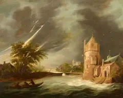 Meindert Hobbema, Stormy River Landscape with a Tower, Oil on panel