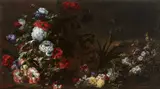 Large Floral Still Life with Peonies, Parrot Tulips, Mallow, Larkspur, Iris, and Nasturtiums by called Abate Andrea Andrea Belvedere, Oil on canvas (relined), sold May 2018