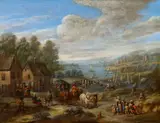 called Le Chevalier Karel Breydel, River Landscape with a Village and Travellers, Oil on panel