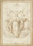 attributed to Lambert Sustris, The Virgin on the Crescent, Surrounded by Angels, Ink and wash on paper, the edges mounted on card