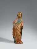 Probably Cologne 2nd quarter 14th century, A carved wooden figure of the Virgin, probably Cologne, 2nd quarter 14th century, Carved in the round, the reverse only summarily worked. Extensive remains of older polychromy, overpainted in areas. A full-figure depiction of the Virgin designed for a frontal viewpoint. She is shown standing in pronounced contrapposto, her stance forming a typically Gothic S-form curve. Ernst Günther Grimme (op. cit.) already described this Rhenish sculpture as a Madonna figure in 1951. The lacking crown and the figure of the Christ Child, originally held in Her right hand, would have balanced out the exaggerated ponderation. The hands lost. The top of the head lost. Wear with losses to the plinth