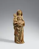 A late 15th century carved wooden figure of the Virgin and Child, possibly Central Rhine Region by Probably Central Rhine Region late 15th century, Carved in the round. With remains of older polychromy, the reverse overpainted.. A figure of the Virgin standing in cont, sold May 2018