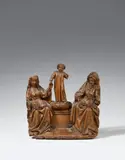 Mechelen early 16th century, An early 16th century Mechelen carved wooden figure of Anna Selbdritt, Carved three-quarters in the round, the reverse flattened and partially hollowed out, the sides chamferred. Minimal remains of former polychromy. Depiction of the Christ Child standing on a throne between Saint Anne on the right and the Virgin Mary on the left. The mark of the city of Mechelen is stamped twice onto the reverse of the piece, along with a hand-written label stating that the sculpture originates from St. Catharinadal Abbey in Oosterhout in the Netherlands. The Christ Child's left forearm lost. Wear and older insect damage with losses
