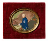 Nathaniel Diemar, A portrait miniature of Frederick II of Prussia, Gouache on ivory half-figure portrait of the King standing by a table wearing a Prussian uniform. In a gilt copper setting mounted in a velvet covered frame. Signed and dated lower right: "Peint par Diemar 1765". Examined in the (unopened) frame. 6.2 x ca