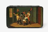 A satirical snuff box by Manufactory Johann Heinrich Stobwasser, Black lacquered tin painted in oils and polychrome lacquer. Of rectangular form, decorated with a politcal caricature sh, offered Apr 2018