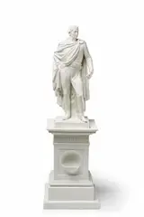 Christian Daniel Rauch, A Berlin KPM biscuit porcelain figure of General Friedrich Wilhelm von Bülow, A porcelain reproduction of the marble statue from 1822 that now stands on Bebelplatz behind the Berlin State Opera. The General is depicted standing in contrapposto in uniform with the star and cross of the Order of the Black Eagle. He rests his right hand on his hip, drawing back his cloak, and in his left hand he would have held a rapier (now lost). On an associated Neoclassical plinth with a frontal fountain niche. Bue sceptre mark to the underside (rough, with textile imprint), incised marks, blue sceptre mark with circle to the plinth, impressed Z, incised X to the top of the plinth. An open firing crack with some breakage to the lower corner of the plinth, two corners cracked, other firing cracks and chips. H figure 27.5, H with plinth