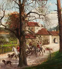 Carl Röhling, A Hunting Party at Grunewald Palace, Oil on canvas