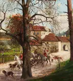 Carl Röhling, A Hunting Party at Grunewald Palace, Oil on canvas
