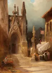 Carl Graeb, Side Portal of a French Cathedral (possibly Autun), Oil on canvas