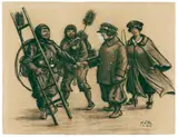 Gruppe mit weiblichen Schornsteinfegern und Uniformierten by Heinrich Zille, 1916, Mixed media (black chalk, ink, watercolour, and opaque white) on yellowish wove paper. To the reverse a portrait-format , sold Apr 2018