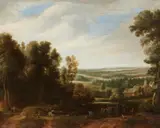 Panoramic Landscape with Shepherds and Travellers by Adriaen Fransz. Boudewijns Pieter Bout, Oil on panel, offered Mar 2018