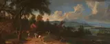 German School 18th century, Panoramic Landscape with Travellers and Riders, Oil on canvas (relined)