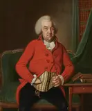 German School late 18th century, Portrait of a Gentleman in a Library Portrait of his Wife with a Dog, Oil on canvas (relined). Each