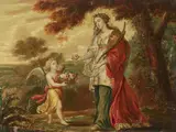 Flemish School 17th century, Landscape with Saint Dorothy and a Putto, Oil on copper