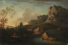 French School circa 1700, Rocky Landscape with Fishers and Shepherds, Oil on panel