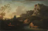 French School circa 1700, Rocky Landscape with Fishers and Shepherds, Oil on panel