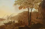 Guilliam (Willem) de Heusch, Southern River Landscape with Boats Landing, Oil on panel