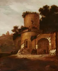 Jacobus Mancadan, Southern Landscape with Classical Ruins, Oil on panel