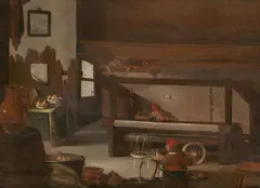 Monogrammist Re, Rustic Interior with a Loom and Spinning Wheel, Oil on panel