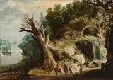 Water Landscape with Riders and Travellers by Netherlandish School 17th century, Oil on panel (partial parquetting), sold Mar 2018