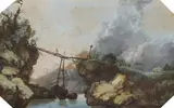 Mountain Landscape with a Wooden Bridge by in the manner of Jean-Baptiste Pillement, Gouache on paper, sold Mar 2018