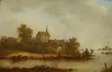 attributed to Adam Pynacker, River Landscape with a Village and Ferry, Oil on panel