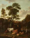 Landscape with Shepherds by follower of Jan Siberechts, Oil on canvas, sold Mar 2018