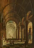 Christian Stöcklin, Church Interior with Barrel Vaulting, Oil on panel