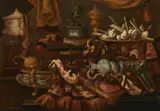 Antonio Tibaldi, Still Life with Fabric, Sweetmeats, and Vessels, Oil on canvas (relined)