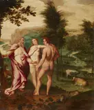 Expulsion from the Garden of Eden by circle of Marten de Vos, Oil on panel mounted on a thicker panel and bordered with waxed canvas, sold Mar 2018