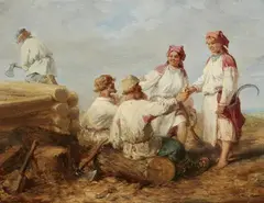 Wilhelm Amandus Beer, Russian Woodcutters at Rest, Oil on card