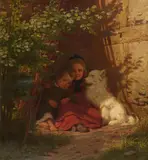 Two Children and a Dog sitting in the Shade by Christian Eduard Boettcher, Oil on canvas, sold Mar 2018