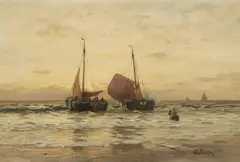 Eugen Dücker, Coastal View with Sailing Boats Landing, Oil on canvas (relined)